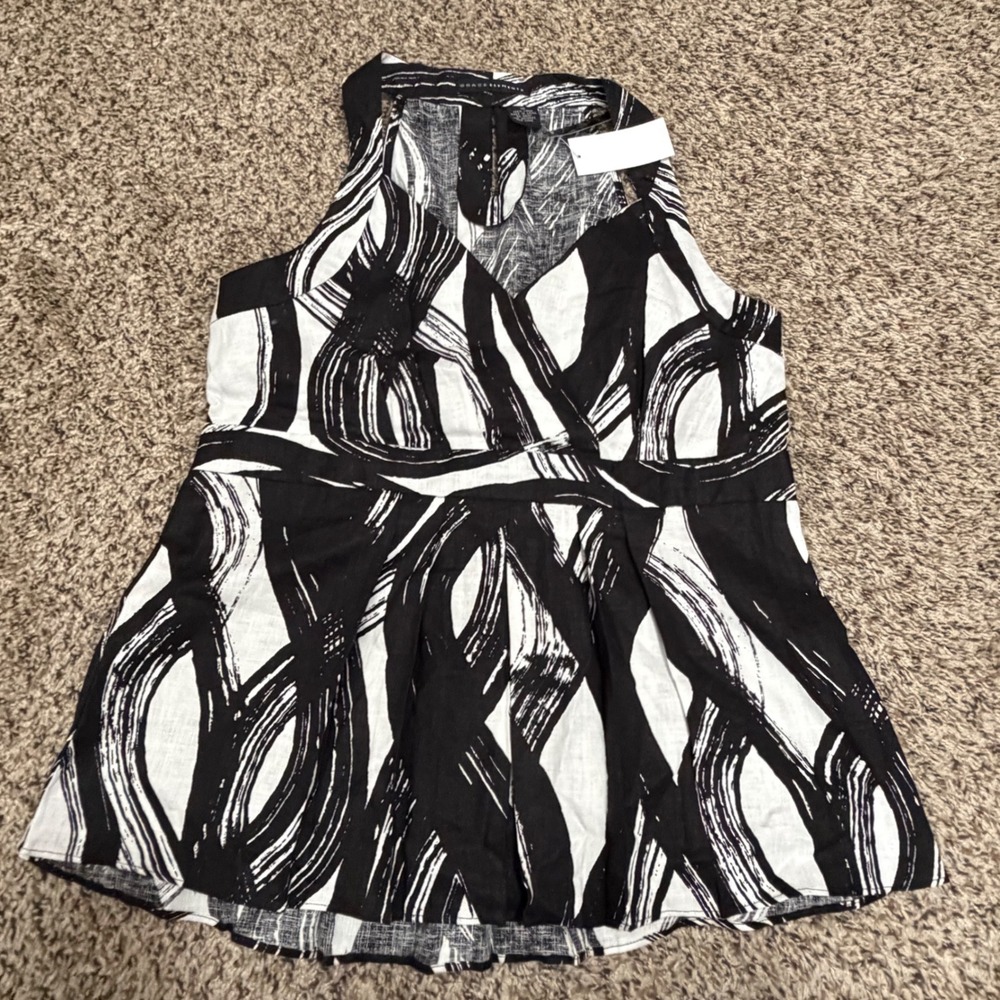 Grace Elements Women 10 Linen Halter Top Black White Abstract Print Empire Waist